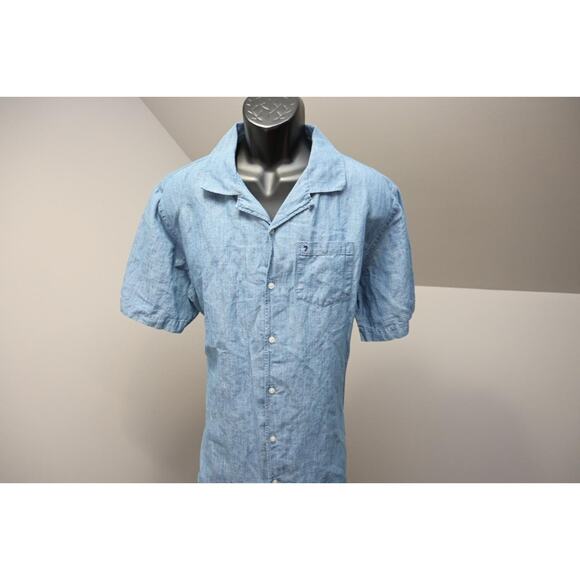 7 For All Mankind Hawaiian Button Up Shirt Blue Cotton Linen Mens Size XL - Picture 1 of 11
